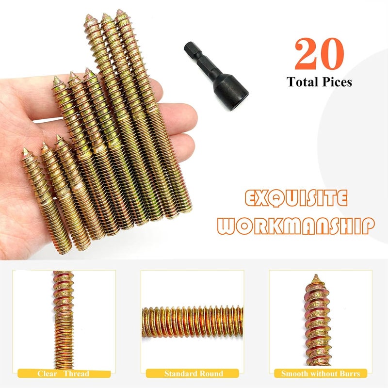 Matrelt 20Pack 5/16-18" Hanger Bolts 3Sizes 2-4 Inch Include1 pcs Hanger Bolt Driver Double Headed Bolts Wood Dowel Screw Self-Tapping Screwfor Furniture Screws Wood Screws Double Screw Threaded Rods - Image 4
